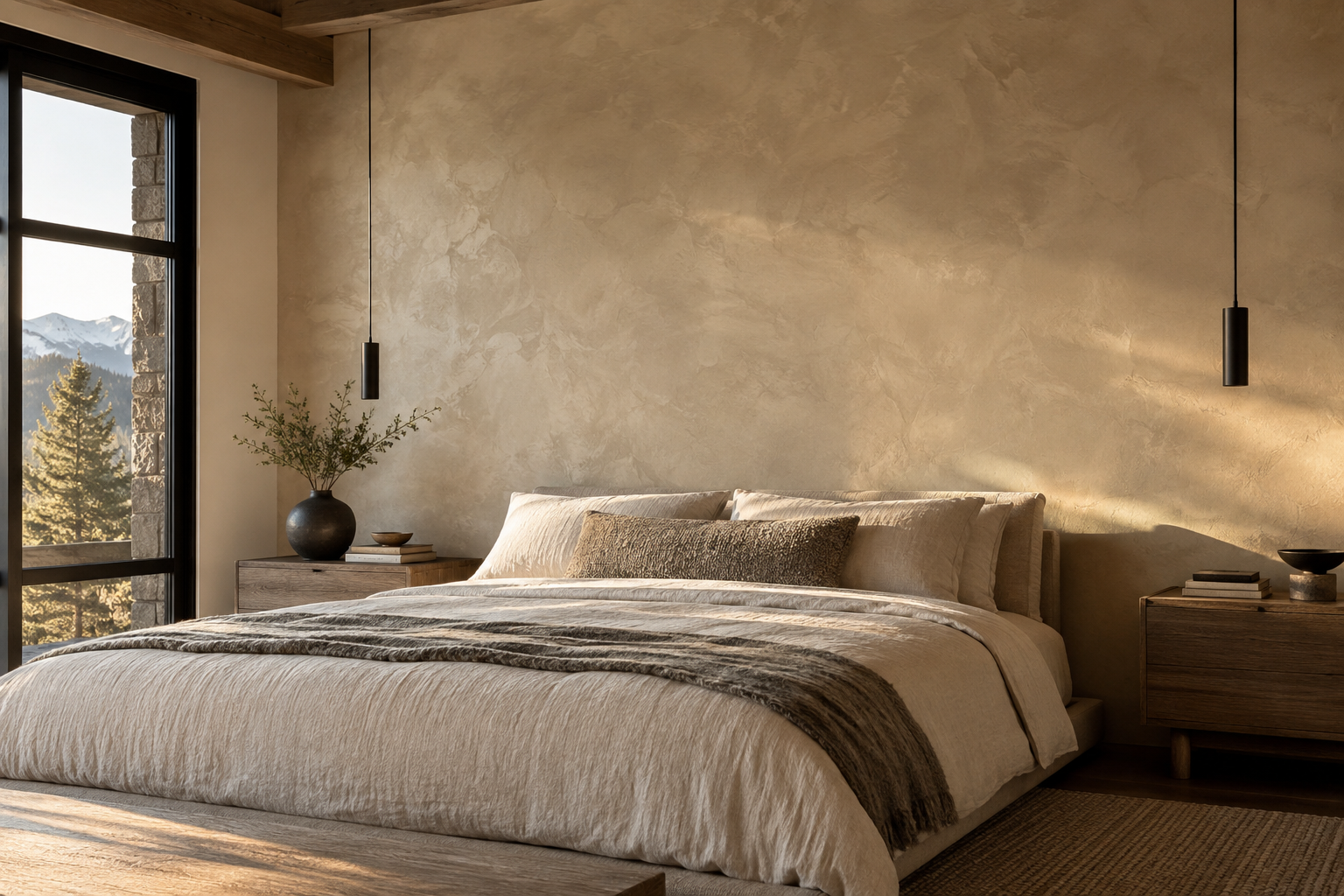 Bedroom with a warm sand burnished Venetian plaster wall, linen bedding, timber beam, and a mountain view through a black-framed window.