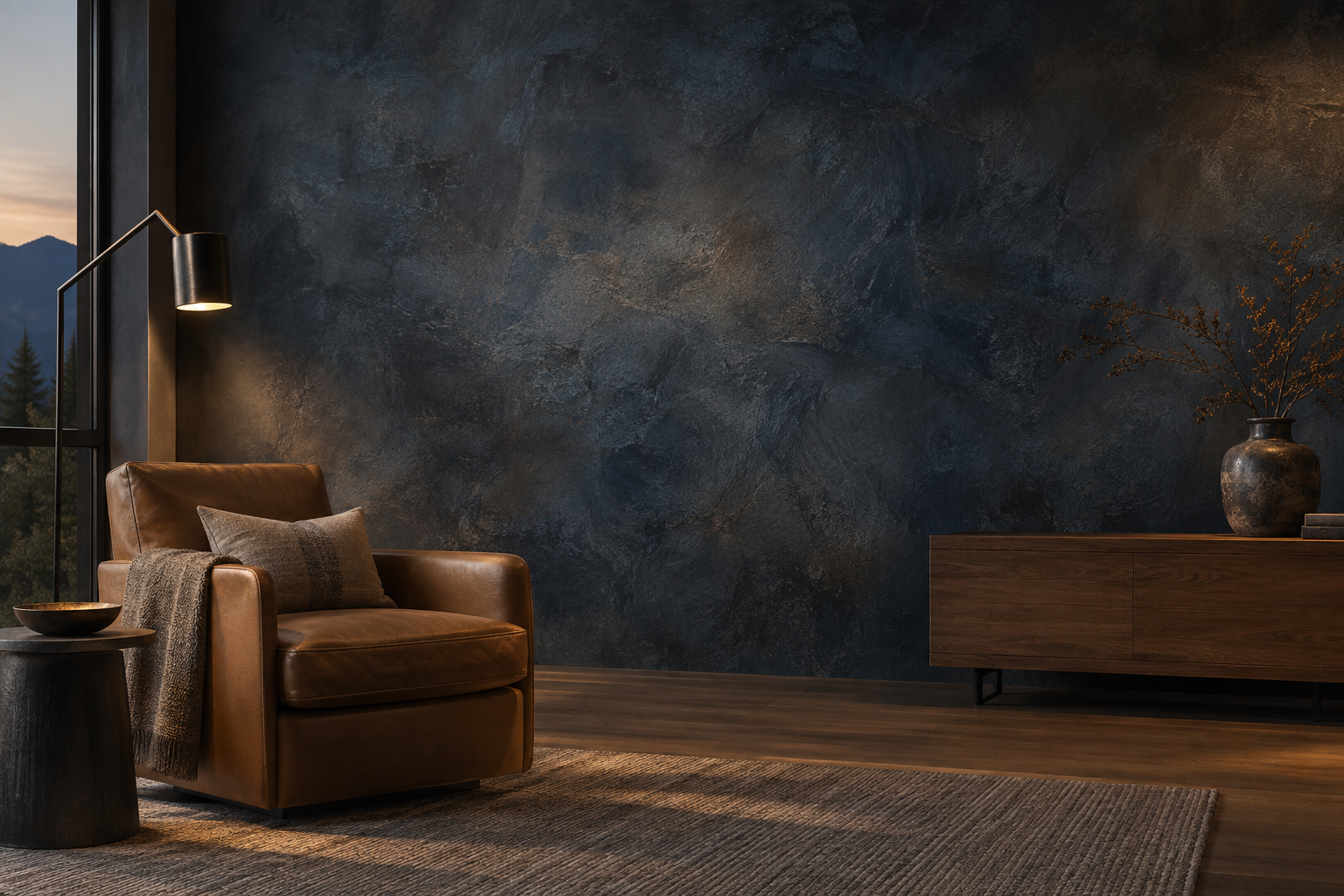 Living room corner with a deep indigo layered glaze wall, leather armchair, walnut credenza, and low evening lamp light.