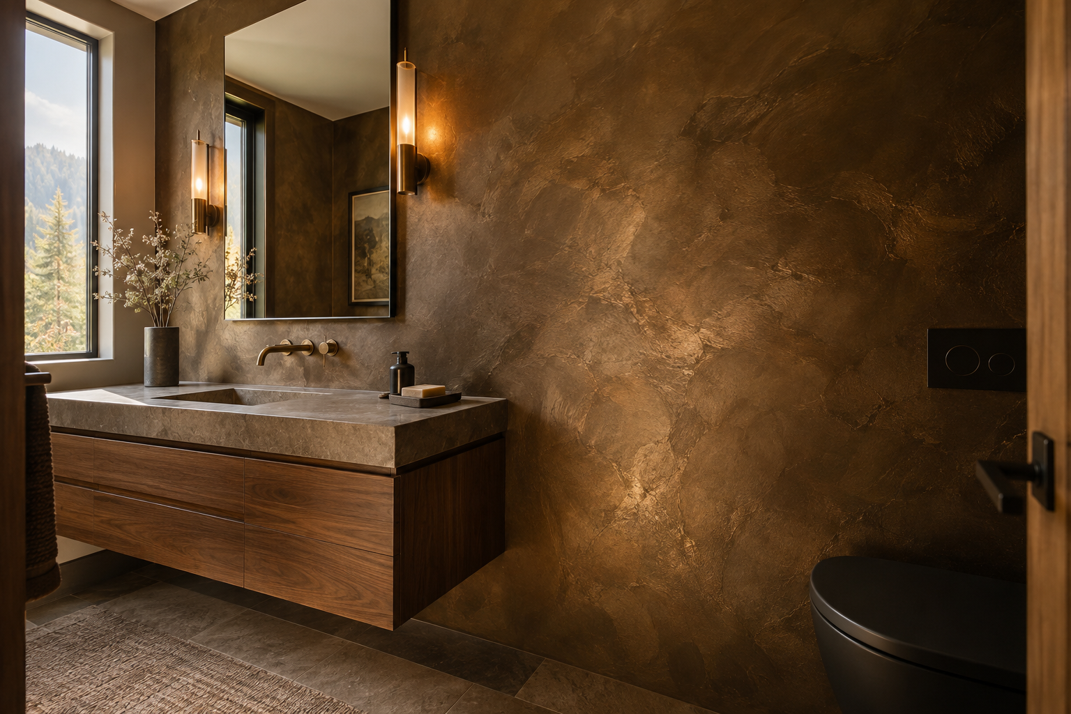Bathroom with a bronze metallic hand-troweled plaster wall, floating walnut vanity, stone countertop, and warm sconce lighting.