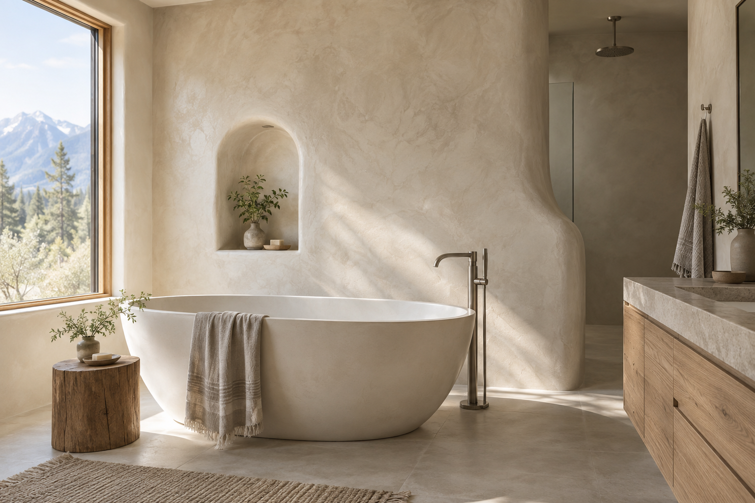 Bathroom with pale limestone tadelakt-inspired plaster walls, an arched niche, freestanding oval tub, and oak vanity in daylight.
