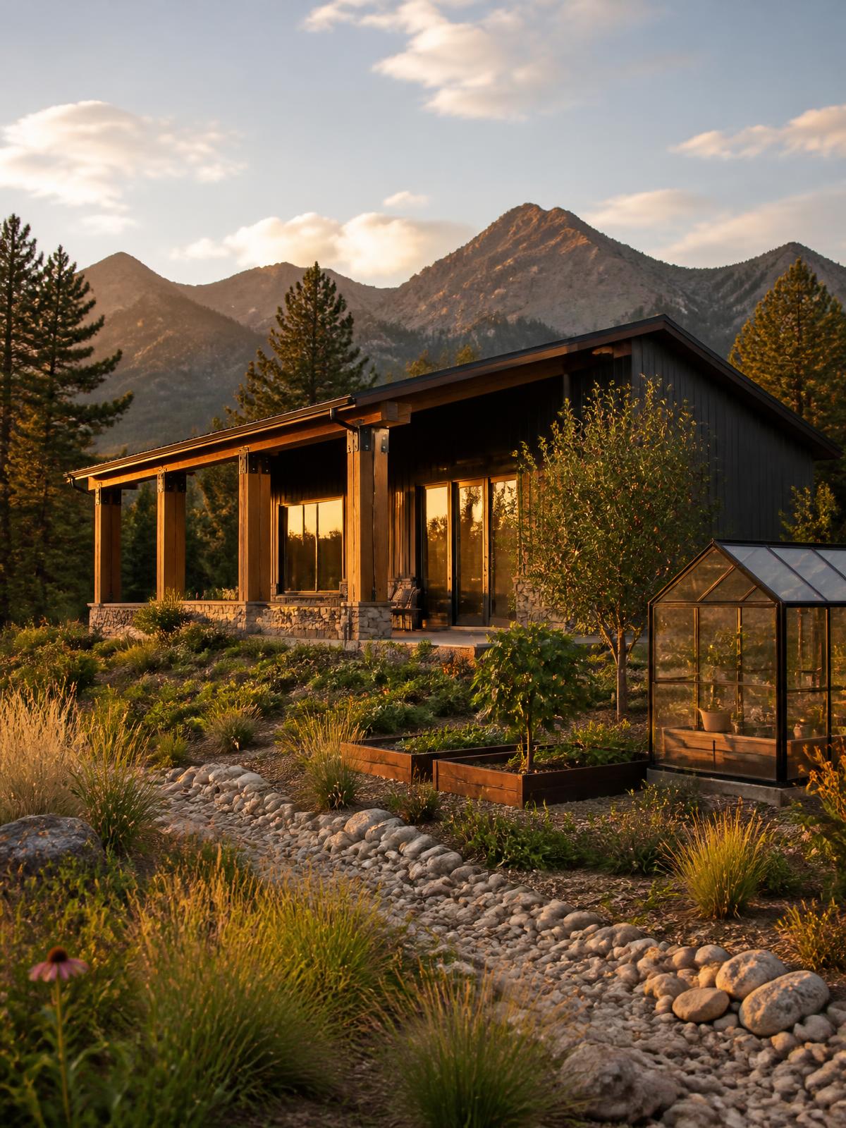 Colorado mountain homestead with kitchen garden, greenhouse, rain garden stream, and a passive solar home nestled into the landscape