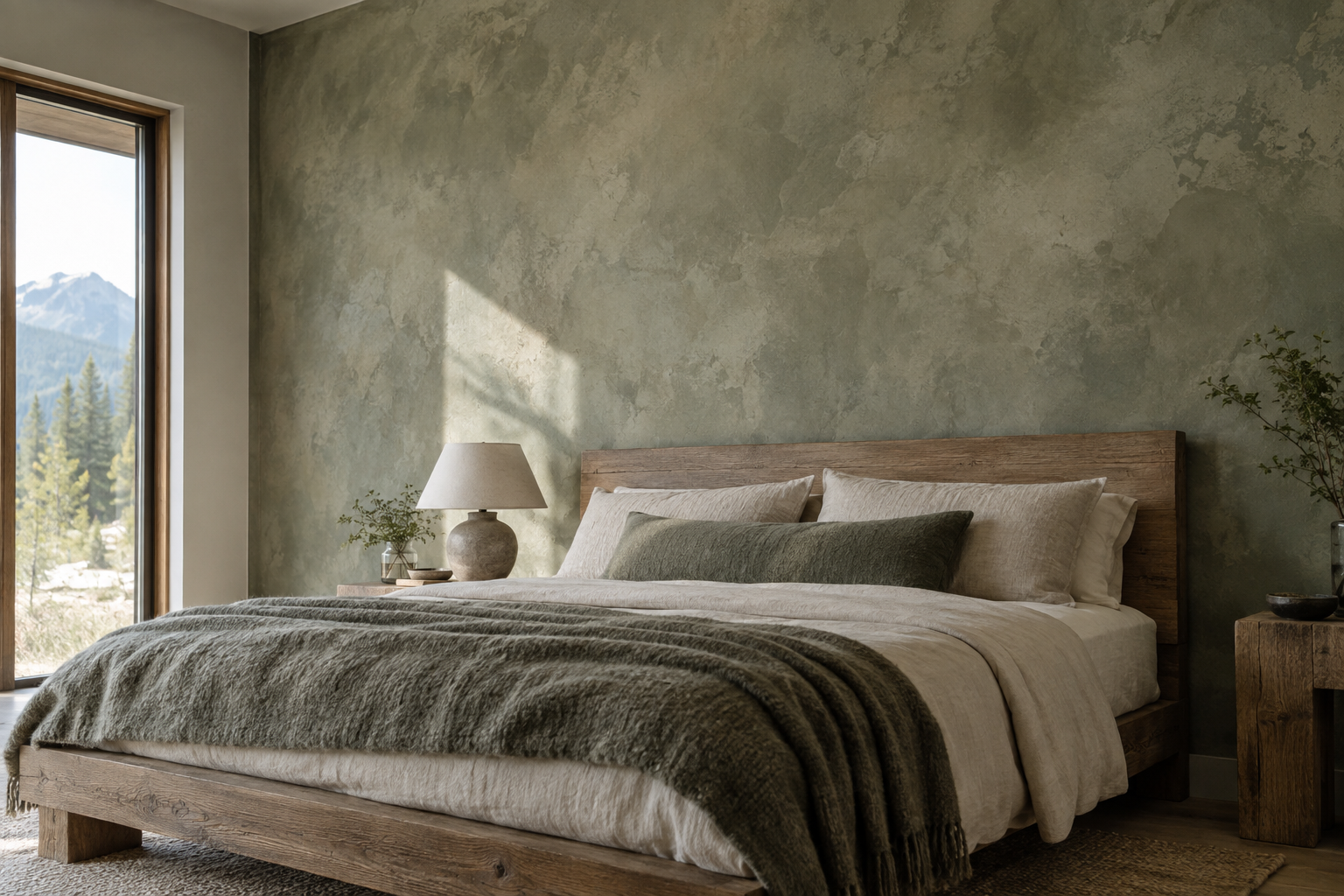 Bedroom with a sage green mineral limewash wall behind a reclaimed wood bed, daylight from a tall window revealing the mottled texture.